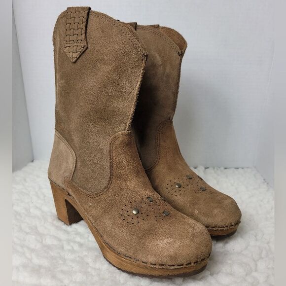 Sanita Women’s Clog Boots 6.5 Brown Suede Studded Platform Lee Ann Wooden Heel - Picture 1 of 10
